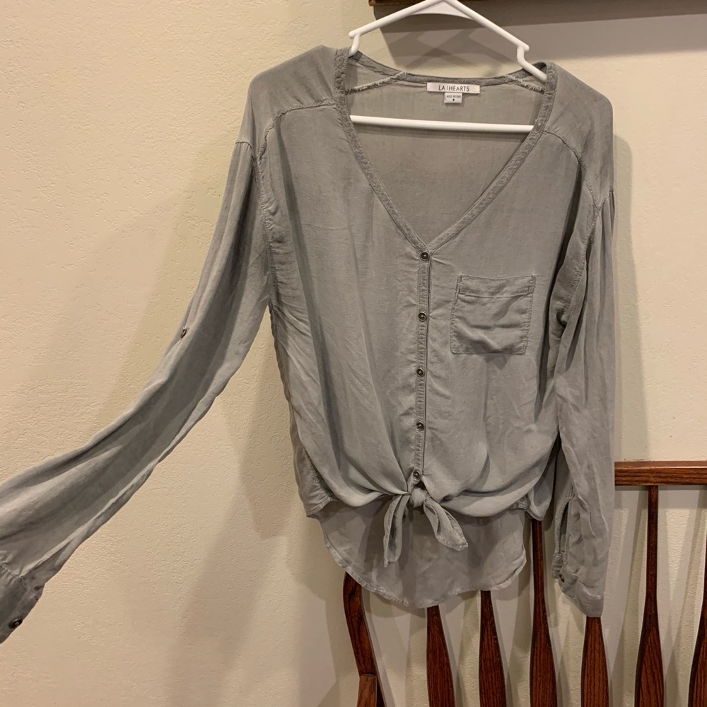 La Hearts button up down distressed shirt